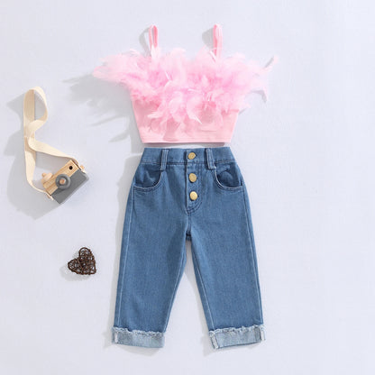 Girls Summer Clothing Outfit Sets Fashion Kid Children Pink Sleeveless Feather Camisole + Denim Pants with Pockets