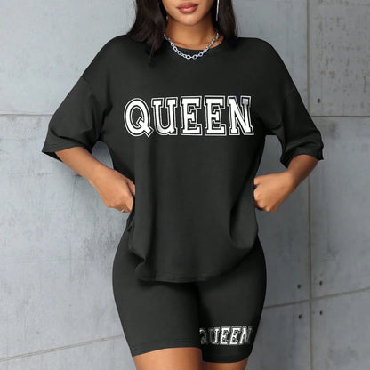 Plus size fashionable all-match shorts short-sleeved suit queen letter print simple and comfortable two-piece suit 2024 New