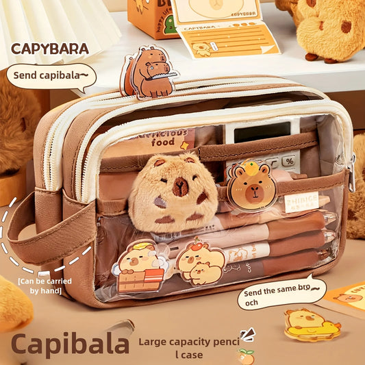 Cute Capybara Pencil Case with Lock - Aesthetic Kawaii Canvas Pouch, Clear School Supplies Organizer with Compartments, Includes