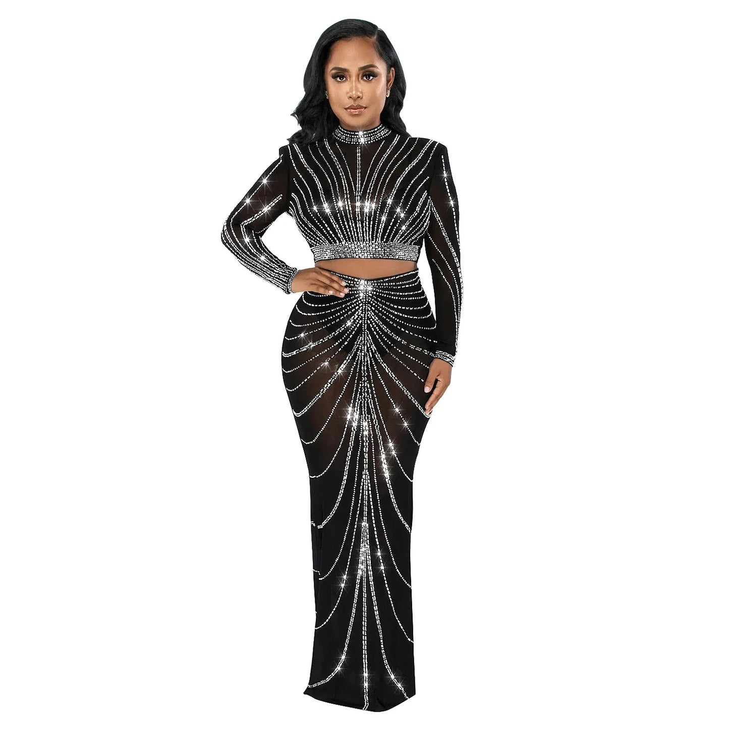 Clothing 2025 Rhinestone Mesh See Through Long Sleeve Dress Set for Women Birthday Sexy Night Club Party 2 Piece Sets Outfit