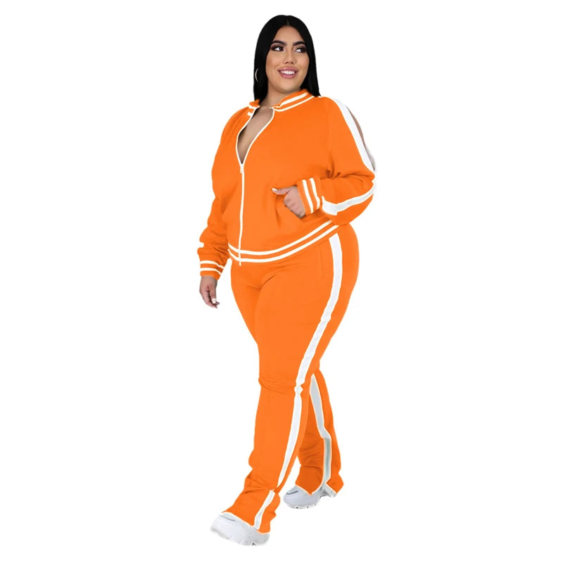 Plus Size L-5XL Two Piece Set Women Sweatsuit Zip Striped Top Slit Sweatpants Jogger Outfit Matching Set Wholesale Dropshipping