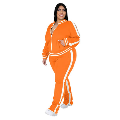 Plus Size L-5XL Two Piece Set Women Sweatsuit Zip Striped Top Slit Sweatpants Jogger Outfit Matching Set Wholesale Dropshipping