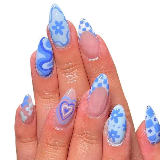 24pcs Medium Almond Blue France Full Cover Fake Nail Set - Medium Stiletto Press On Nails Love Design For Girl Mother Women Gift