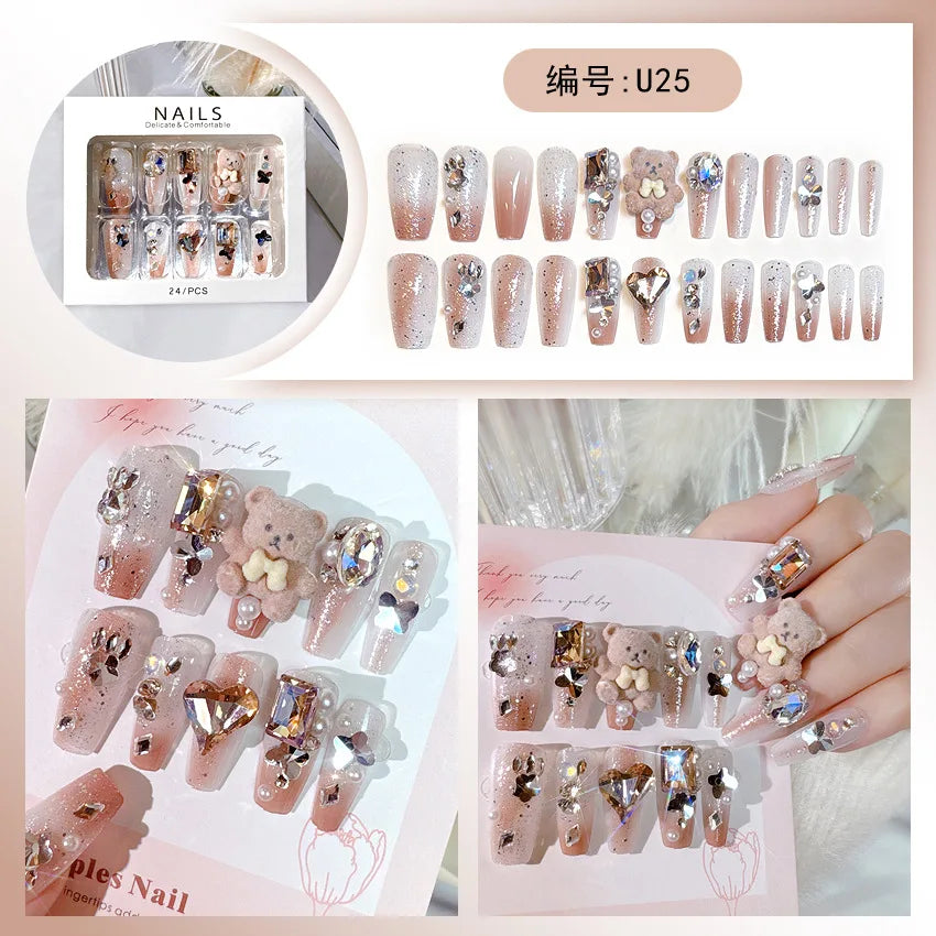 24pcs/box Luxury Pink Long Coffin Fake Nails Y2K Moon Star Rhinestones Press On Nails Handmade Full Cover Reusable False Nails