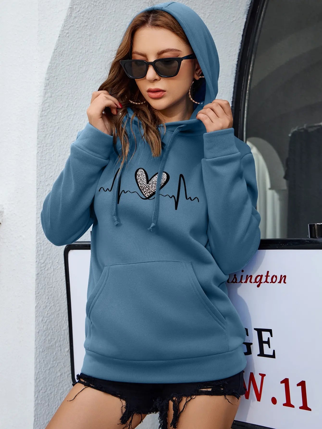 Fluctuating Leopard Heart Electrocardiogram Pattern Hoodie For Women Fashion S-Xxl Hoody Autumn Pocket Clothes Street Casual Top