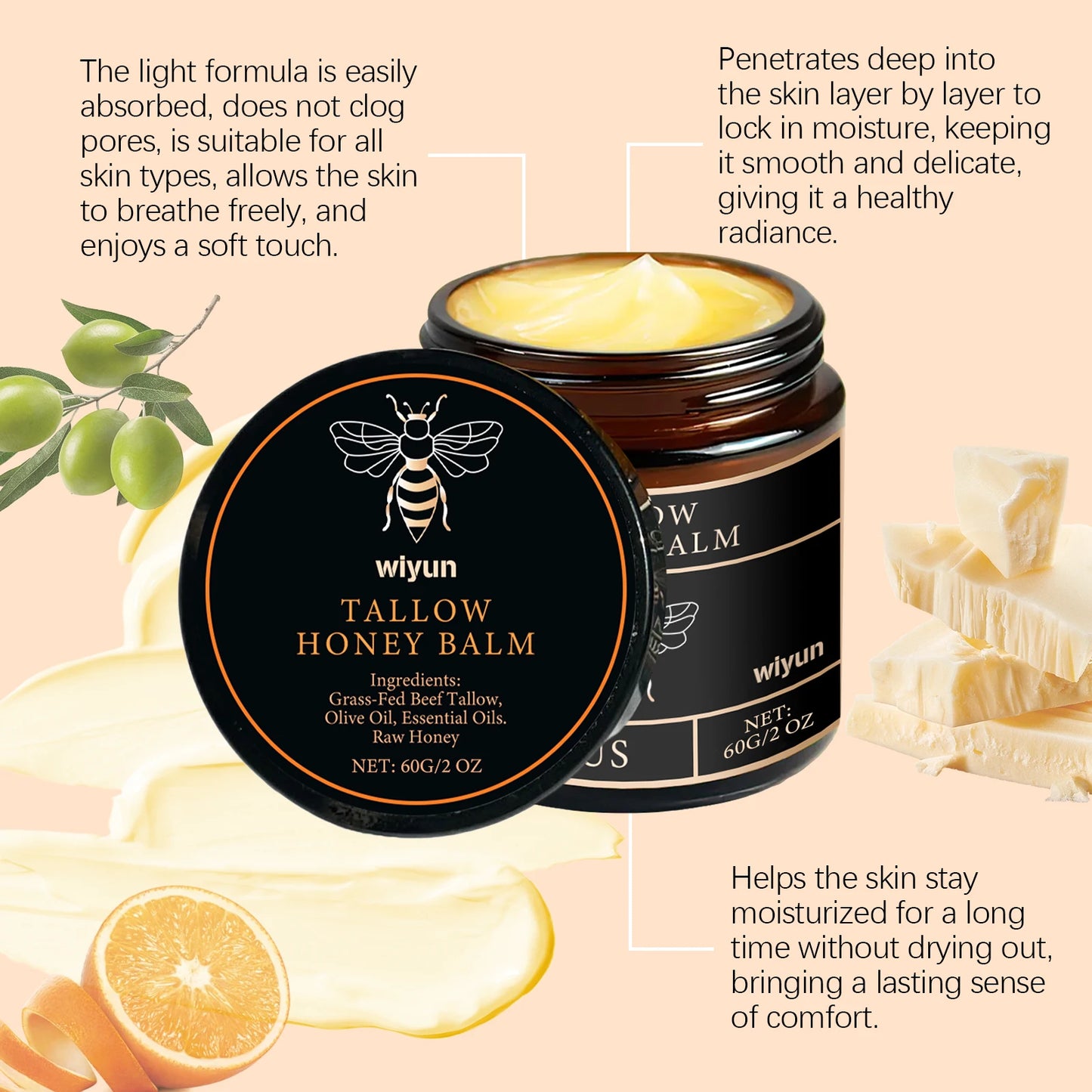 Beef Tallow Honey Moisturizer Grass Fed Whipped Tallow Face Cream Body Lotion Non Greasy Nourishing Fast Absorption Skin Care