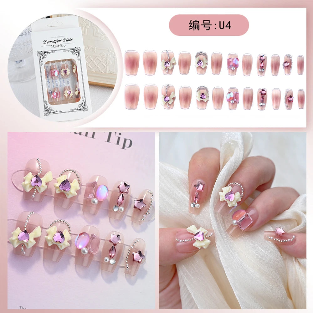 24pcs/box Luxury Pink Long Coffin Fake Nails Y2K Moon Star Rhinestones Press On Nails Handmade Full Cover Reusable False Nails