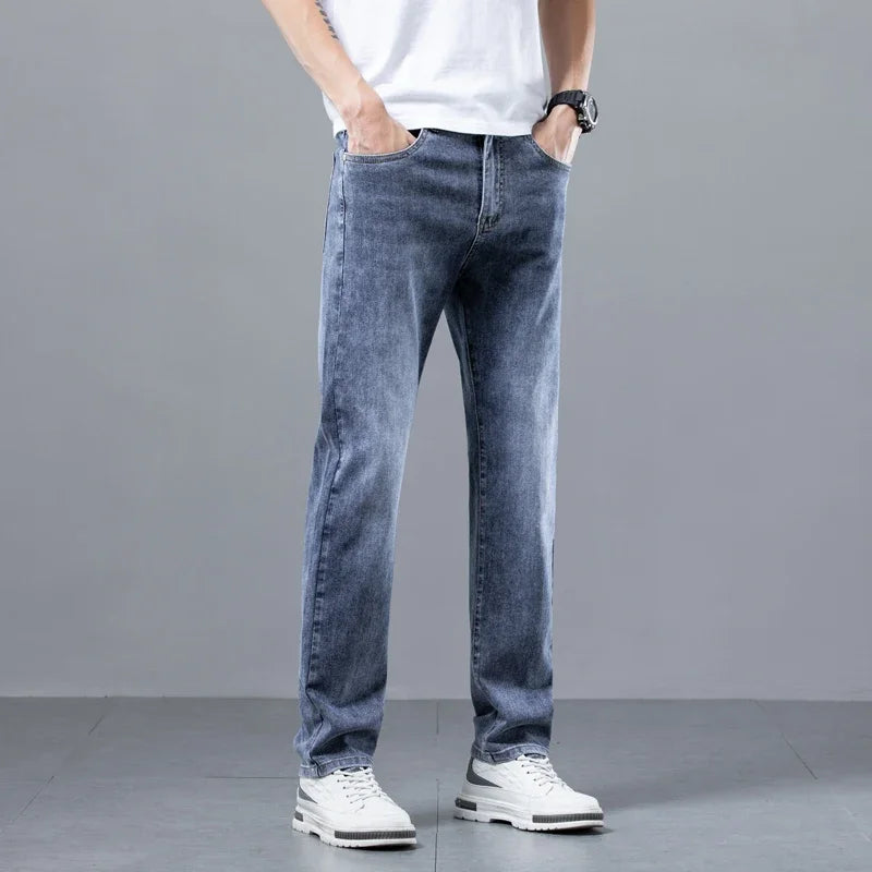 Spring Summer New Business Jeans Blue and Gray for Men Stretch Straight Comfortable Casual Denim Long Pants Classic Style Male