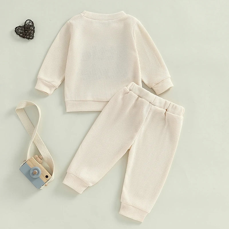 Toddler Boy Girl Waffle Outfit Letter Embroidery Long Sleeve Sweatshirt with Elastic Waist Solid Pants Set