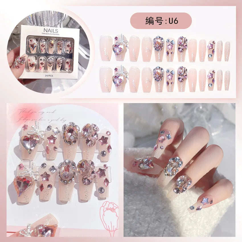 24pcs/box Luxury Pink Long Coffin Fake Nails Y2K Moon Star Rhinestones Press On Nails Handmade Full Cover Reusable False Nails