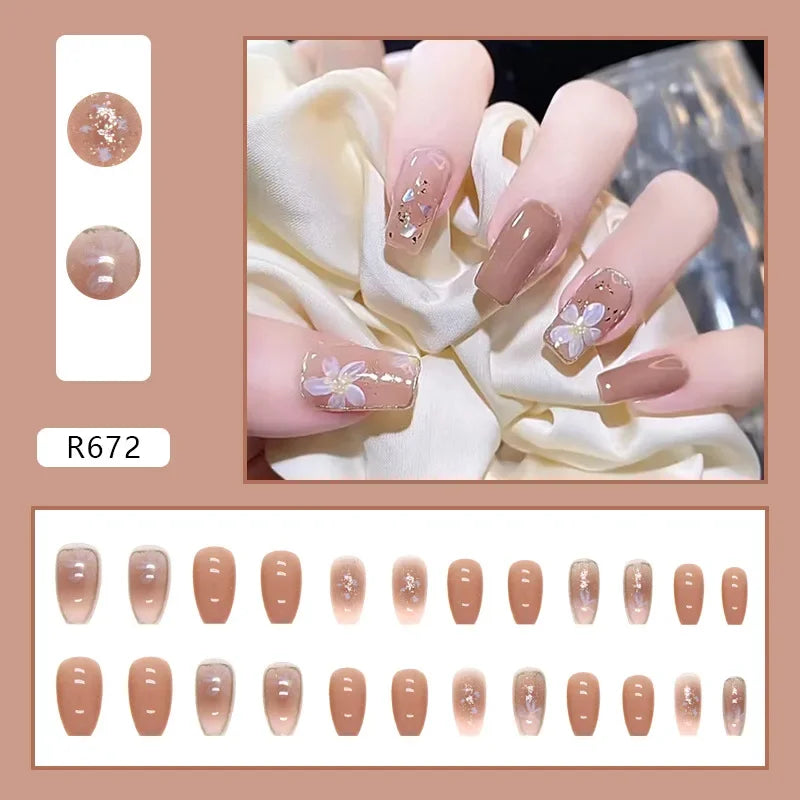 Vintage Camellia Wearable Pink Press on Fake Nails Tips with Glue False Nails Design Butterfly Lovely Girl False Nails