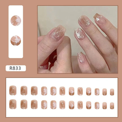 Vintage Camellia Wearable Pink Press on Fake Nails Tips with Glue False Nails Design Butterfly Lovely Girl False Nails