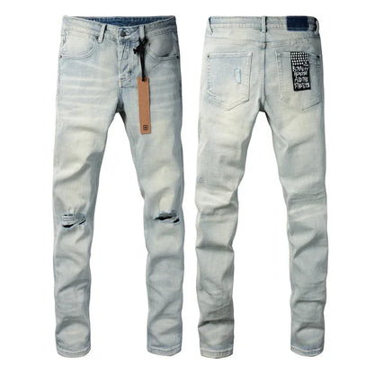 25SS New Men Streetwear Fashion KSUBI Cross Jeans Vintage Wash Do Old Patch Light Blue Stretch Slim Denim Trousers Brand Jeans