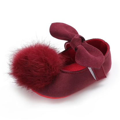 Cute Red 0-18M Newborn Baby Girl Plush Ball Decoration Princess Shoes Children's Crib Sole Anti Slip First Walking Shoes