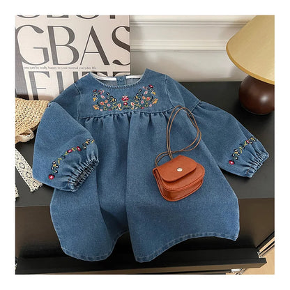 Kids Clothing  Spring And Autumnr Round Neck Floral Embroidered Long Sleeve Denim dress Girls Dress Princess Dress