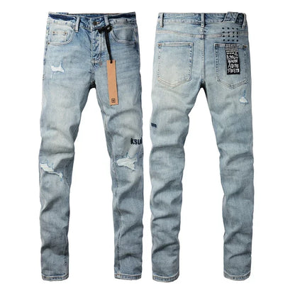 25SS New Men Streetwear Fashion KSUBI Cross Jeans Vintage Wash Do Old Patch Light Blue Stretch Slim Denim Trousers Brand Jeans