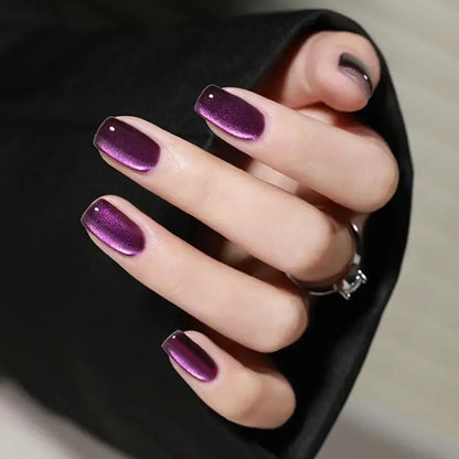 24pcs Purple Cat Eye Fake Nails Square Head French Ballet Nails Short Press on Cover Acrylic Fake Nail Tips