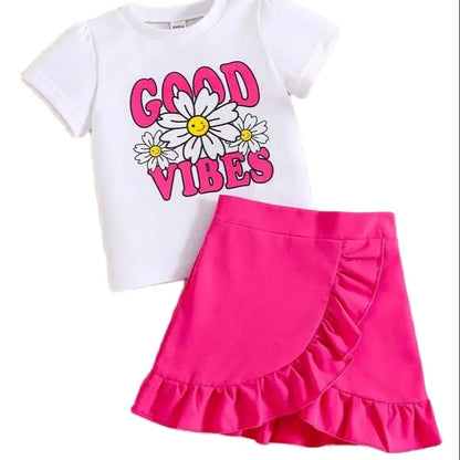 Children's clothing, girls' autumn fashion casual thin round neck knitted daisy T-shirt+pink pleated skirt two-piece set