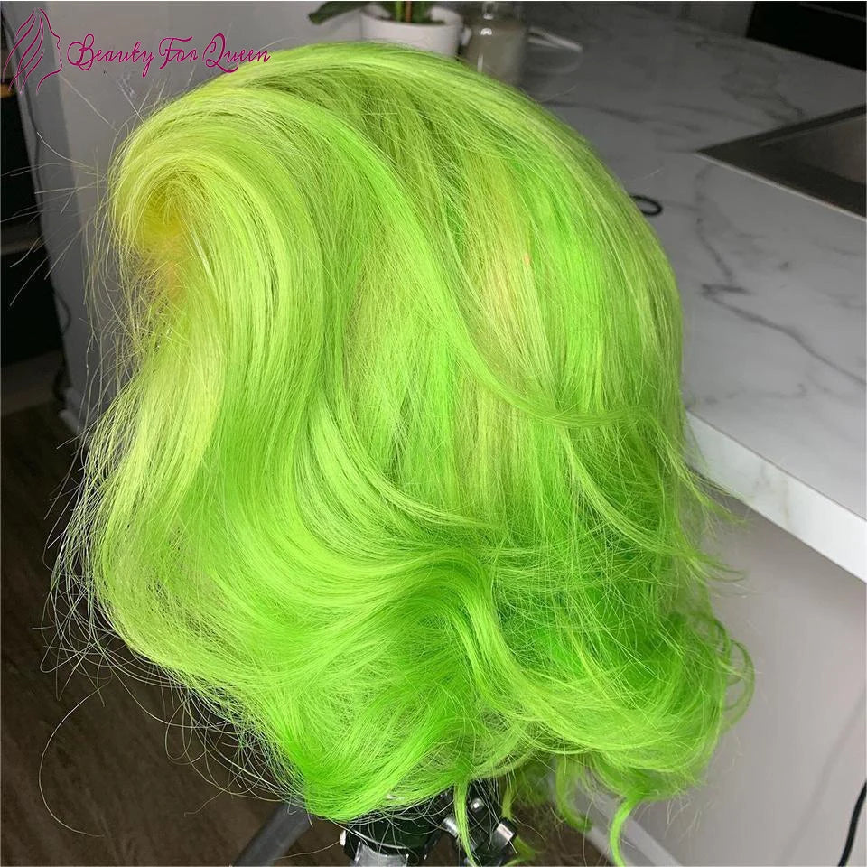 13x4 HD Lace Front Wig Human Hair Fluorescent Green  Short Bob