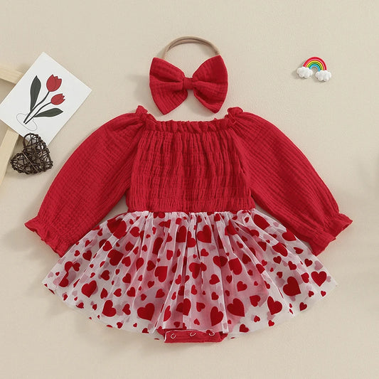 FOCUSNORM 0-12M Autumn Baby Girls Valentine's Day Romper Dress Ruffles Long Sleeve Heart Print Mesh Jumpsuits with Headband