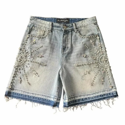 Shorts Y2K Jeans Womens Harajuku Hip Hop Gothic Rhinestone Sequin Retro Blue Baggy Denim Shorts High Waist Fashion Casual Shorts