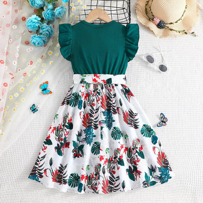 Dress For Kids 7-12 Years old Birthday Emerald Green Ruffled Sleeveless Floral Princess Dresses Ootd For Baby Girl