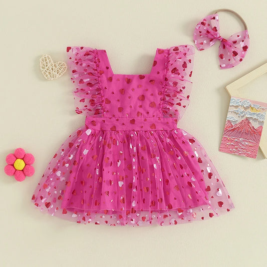 0-18M Baby Girls Romper Dress Fly Sleeve Heart Print Mesh Tulle Skirt Hem Bodysuits with Headband