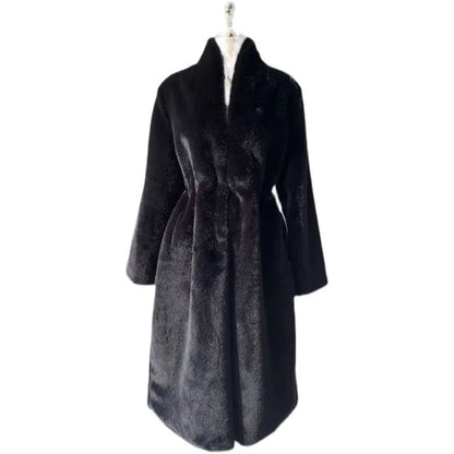 Coats Women Faux Fur Stand Collar Mid Length Long Coat Thick Maxi Warm Thick Open Stitch Elegant Autumn Winter Black Jackets