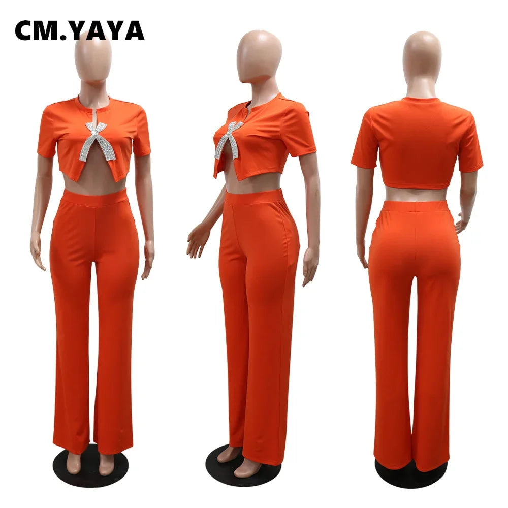 Women's Set Short Sleeve Diamonds Bowknot O-neck Tops +Wide Leg Pants Suits 2025