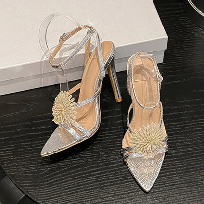 Liyke Sexy Snake Print Leather Ankle Strap Sandals Women Summer Fashion Crystal Flower Pointed Toe Party Dress Shoes High Heels