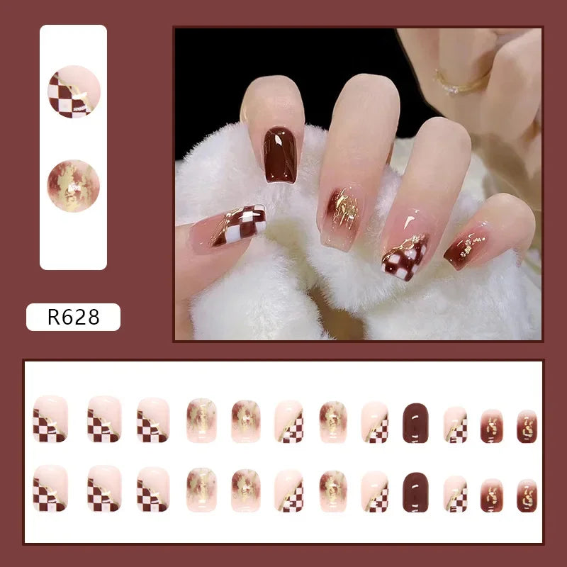 Vintage Camellia Wearable Pink Press on Fake Nails Tips with Glue False Nails Design Butterfly Lovely Girl False Nails