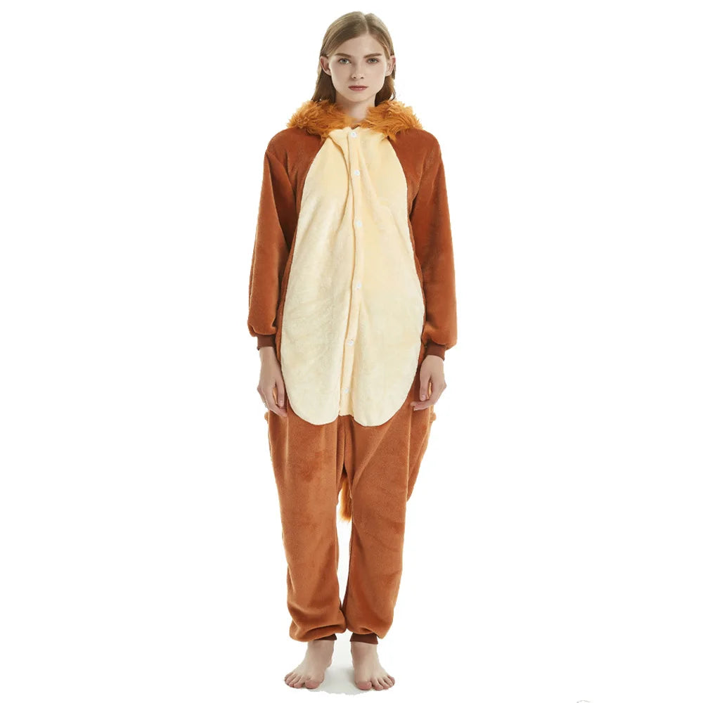 Kigurumi Adult Animal Costume Lion Onesie Plus Size Anime Brown Plush Pajamas Halloween Party Men Women Sleep Jumpsuits Pyjamas