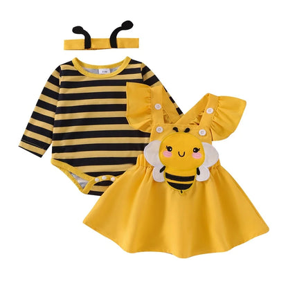 Pudcoco Infant Baby Girls Autumn Skirt Sets Flying Sleeve Romper Bee/Beetle Embroidery Suspender Dress Headband Sets