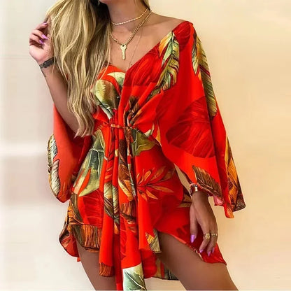 New Summer Beach Elegant Women Dresses Sexy V Neck Lace-up Floral Print Mini