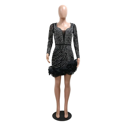 New Women Mesh Sleeve Bodycon Sexy Diamonds Birthday Party Dress Tierred Ruffles Rhinestone Pearls Night Club Dress Pink