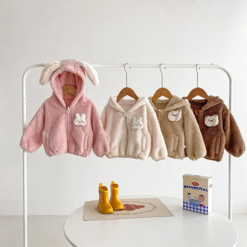 Cute Rabbit Ears Plush Baby Jacket Sweet Princess Girls Coat Autumn Winter Warm Hooded Outerwear Toddler Girl Clothes