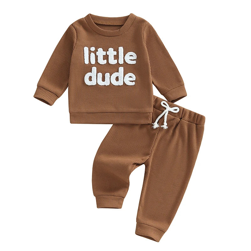 Toddler Boy Girl Waffle Outfit Letter Embroidery Long Sleeve Sweatshirt with Elastic Waist Solid Pants Set