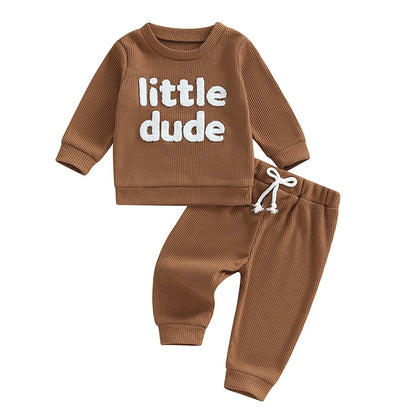 Toddler Boy Girl Waffle Outfit Letter Embroidery Long Sleeve Sweatshirt with Elastic Waist Solid Pants Set
