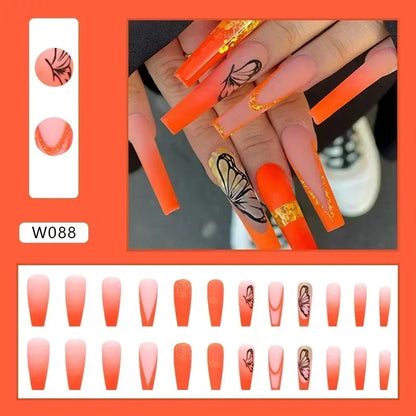 24Pcs Long Ballet Shiny Orange False Nails with Sequins Gradient Stripe Design Press on Nails Art Wearable Coffin Fake Nail Tips