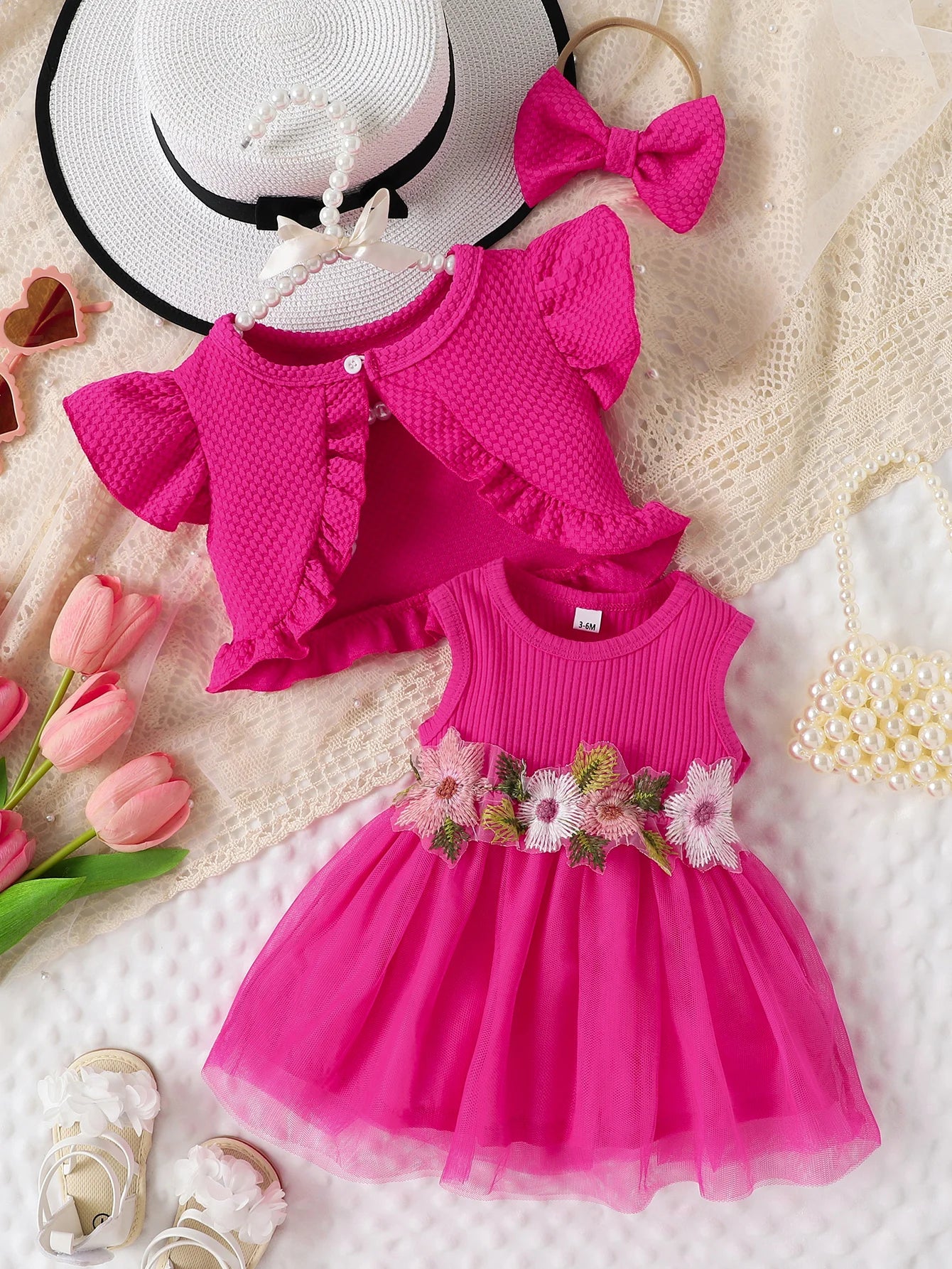 Baby Baby Baby Summer Style Waist Flower Vest Mesh Dress Jacket Hair Accessories