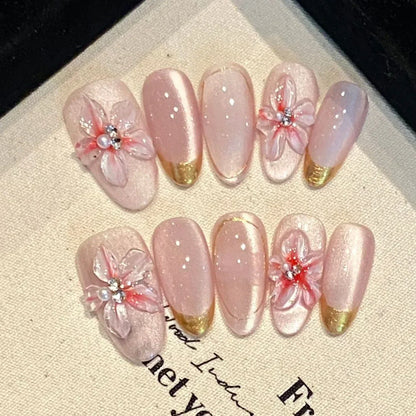 10Pcs Pink Handmade Press on Nails Full Cover Bow Tie Rhinestone Design French Almond Fake Nails Wearable Manicure Nail Tips Art