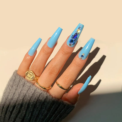 24Ps Super Long Ballet Wearable Fake Nails Blue Diamond Small Flower Press on Nail Stickers Finished Removable False Nail Pieces