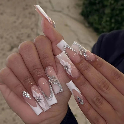 24Pcs Full Cover False Nails With Glue Long Square Coffin Fake Nails French Detachable Ballet Butterfly Pattern Design Press On