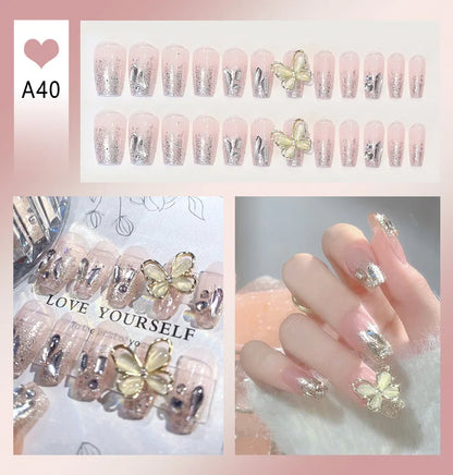 24pcs/box Luxury Pink Long Coffin Fake Nails Y2K Moon Star Rhinestones Press On Nails Handmade Full Cover Reusable False Nails