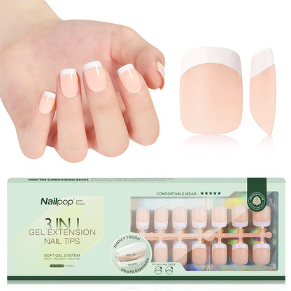 NAILPOP 150PCS Short Coffin Press on Nails 3 in 1 Coat Soft Gel Nail Tips French Tip Press on Nails 15 Sizes of Nail Art DIY