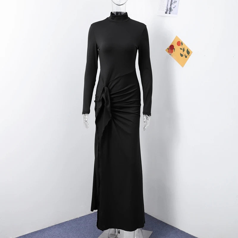 Elegant Turtleneck Pleated Party Dress Women Sexy High Split Long Sleeve Hip Package Maxi