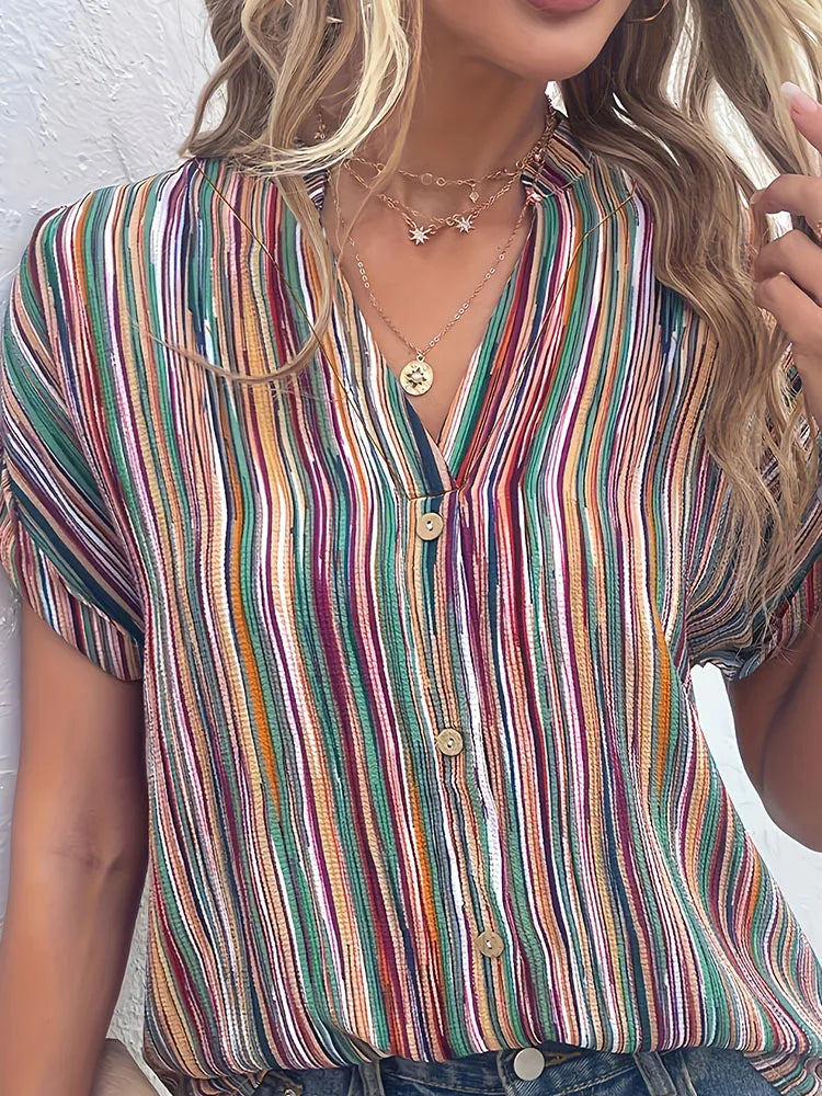 Plus Size Striped Print Blouse, Casual Round Collar Half Sleeve Blouse For Spring, Women's Plus Size Clothing