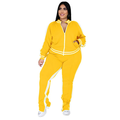 Plus Size L-5XL Two Piece Set Women Sweatsuit Zip Striped Top Slit Sweatpants Jogger Outfit Matching Set Wholesale Dropshipping