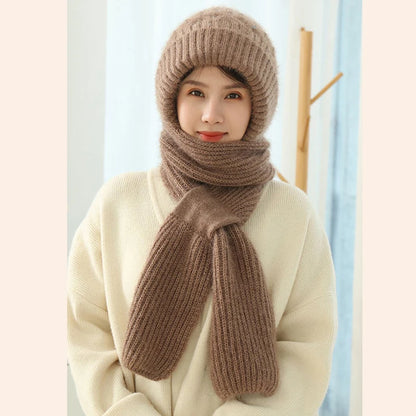 Velvet Thickened Plush Hats And Scarf All In One Knitted Women's Winter Double Layer Warm Wool Hooded Ear Protection Beanie Cap