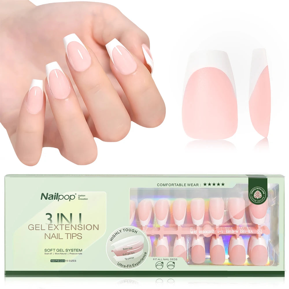 NAILPOP 150PCS Short Coffin Press on Nails 3 in 1 Coat Soft Gel Nail Tips French Tip Press on Nails 15 Sizes of Nail Art DIY